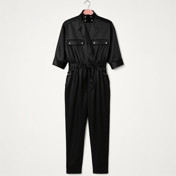 bebe Pants - BEBE Black Satin Utility Jumpsuit Sz S Mock Neck Zip Tapered Leg Belted Y2K Goth